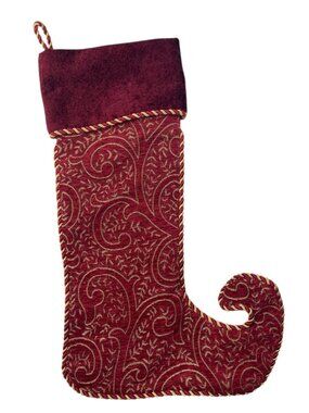 Christmas Stocking Elf Toe Holiday Decor 21" L 8" W Velvet Cuff Gold Scroll